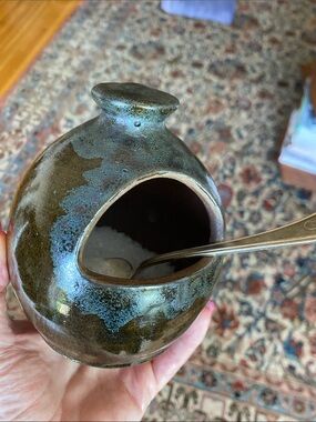 Ceramic Salt Pig Pottery Brown Blue Glaze